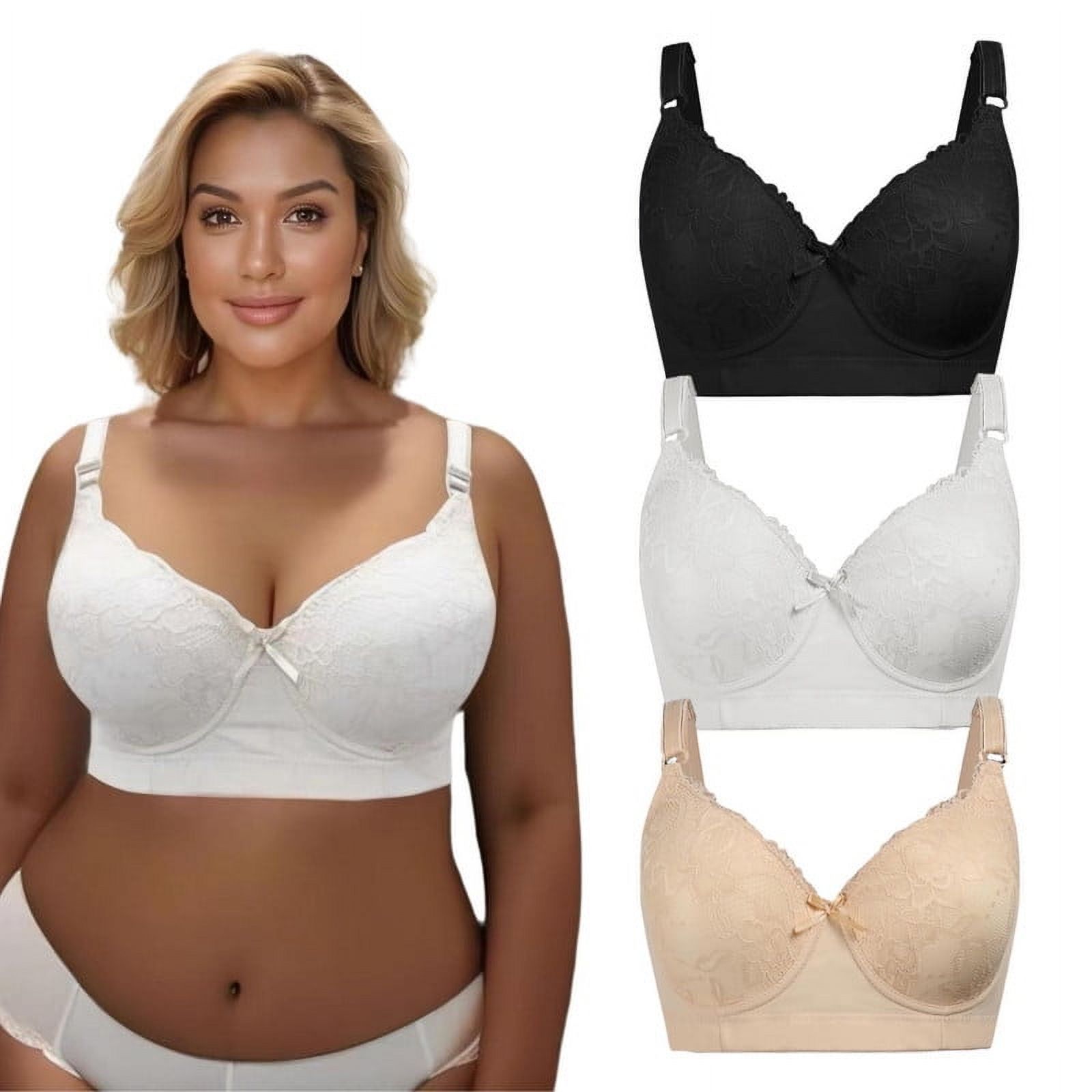 GAI YI Women's Plus Size Full-Coverage Underwire Bra 42DD, Back Smoothing 4-Hook Lace Push-Up Bra Set 3 pack black+white+skin